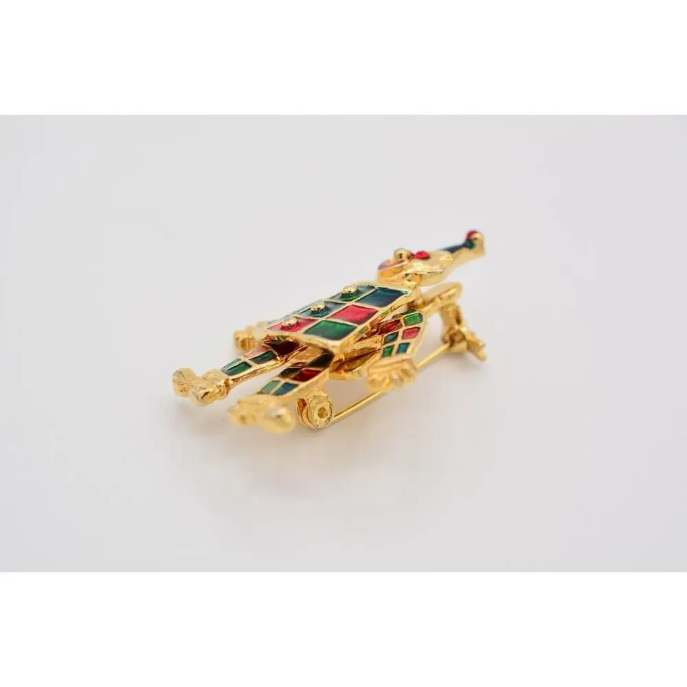 Vintage Clown Pin Brooch Red Green Enamel Dangle Arms Legs Gold Tone 1990s BinAT